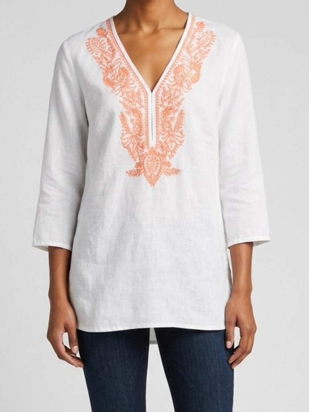 Saks Fifth Avenue 100% Linen Embroidered Tunic Top White Coral Orange Size S